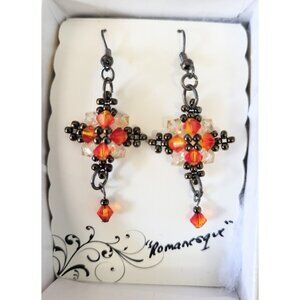 HANDMADE Beaded Orange & White Romanesque Art Medieval Style Cross Earrings